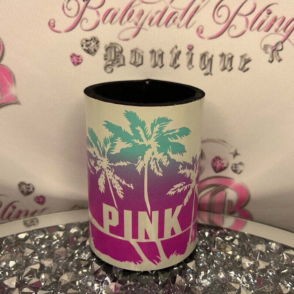 Victoria secret pink coozie drink holder palm trees ombré summer beach cooler